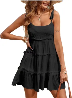 Women Summer Solid Color Dots Spaghetti Strap Mini Dresses Bowknot Leace-Up Backless Short Dress