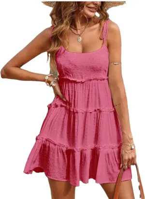 Women Summer Solid Color Dots Spaghetti Strap Mini Dresses Bowknot Leace-Up Backless Short Dress