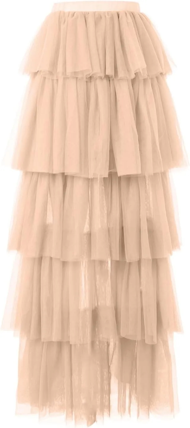 Women Tutu Maxi Skirt a Line Elastic Waist Layered Tulle Long Skirt Rave Party Puplum Skirt Halloween Mesh Skirt