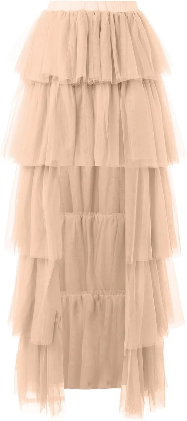 Women Tutu Maxi Skirt a Line Elastic Waist Layered Tulle Long Skirt Rave Party Puplum Skirt Halloween Mesh Skirt