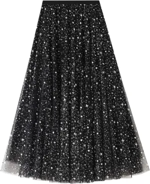 Women Tutu Tulle Skirt Elastic High Waist Layered Floral Print Skirt Mesh A-Line Midi Skirt