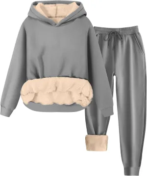 Womens 2 Piece Sweatsuits Set Sherpa Fleece Lined Warm Hoodies & Joggers Sweatpants Fall Winter Outfits Tracksuits