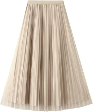 Women's Accordion Swing Midi Pleated Skirt Double Sided Pleated Midi Skirt A-Line Fairy Elastic Waist Tulle Midi Skirt