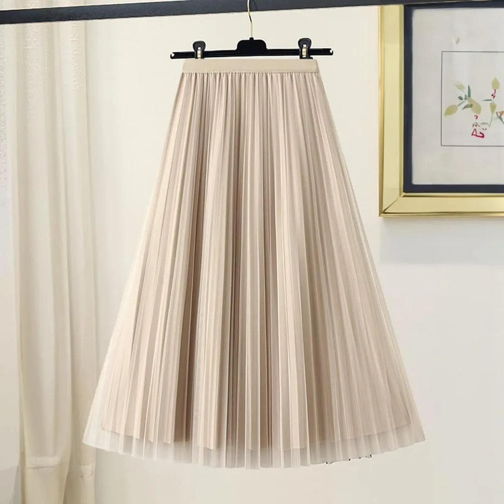 Women's Accordion Swing Midi Pleated Skirt Double Sided Pleated Midi Skirt A-Line Fairy Elastic Waist Tulle Midi Skirt