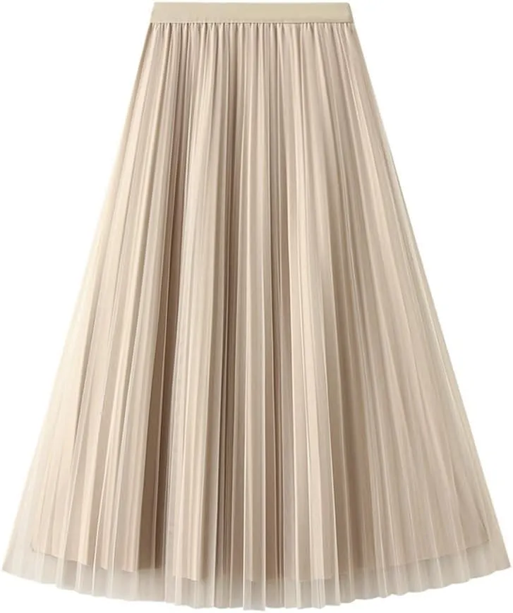 Women's Accordion Swing Midi Pleated Skirt Double Sided Pleated Midi Skirt A-Line Fairy Elastic Waist Tulle Midi Skirt