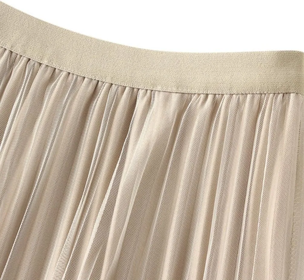 Women's Accordion Swing Midi Pleated Skirt Double Sided Pleated Midi Skirt A-Line Fairy Elastic Waist Tulle Midi Skirt