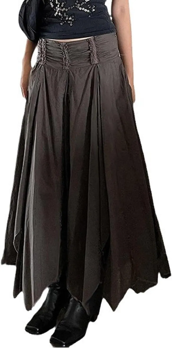 Women's Asymmetrical Hem Midi Skirt Elastic Waist Renaissance Fairy Long Skirt Pleated A Line Swing Skirt