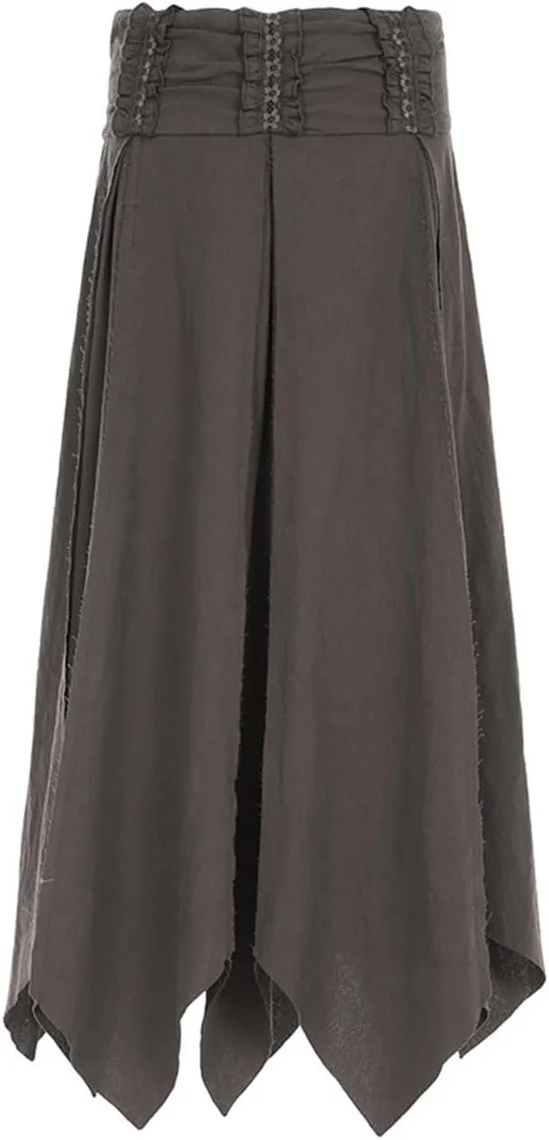 Women's Asymmetrical Hem Midi Skirt Elastic Waist Renaissance Fairy Long Skirt Pleated A Line Swing Skirt