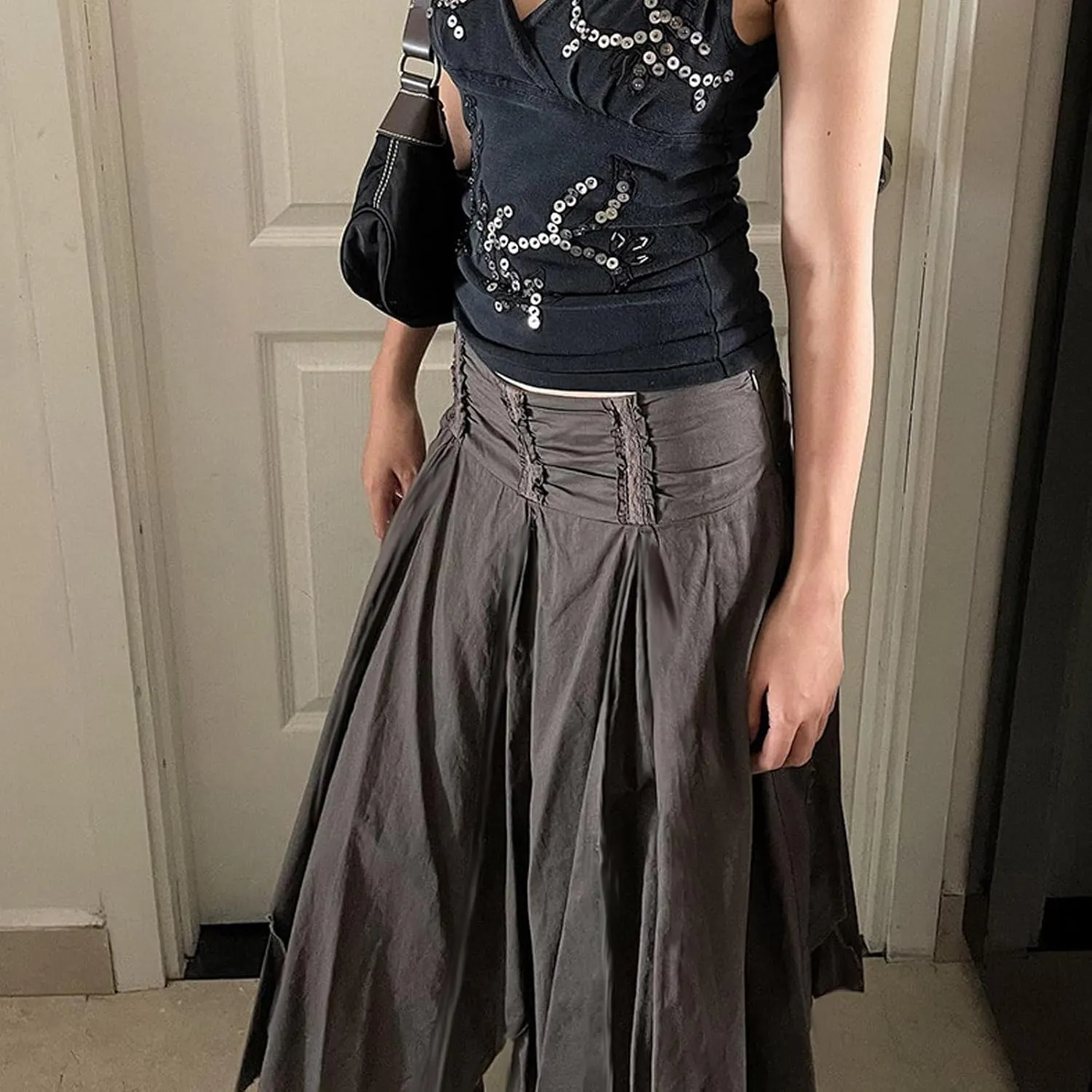 Women's Asymmetrical Hem Midi Skirt Elastic Waist Renaissance Fairy Long Skirt Pleated A Line Swing Skirt