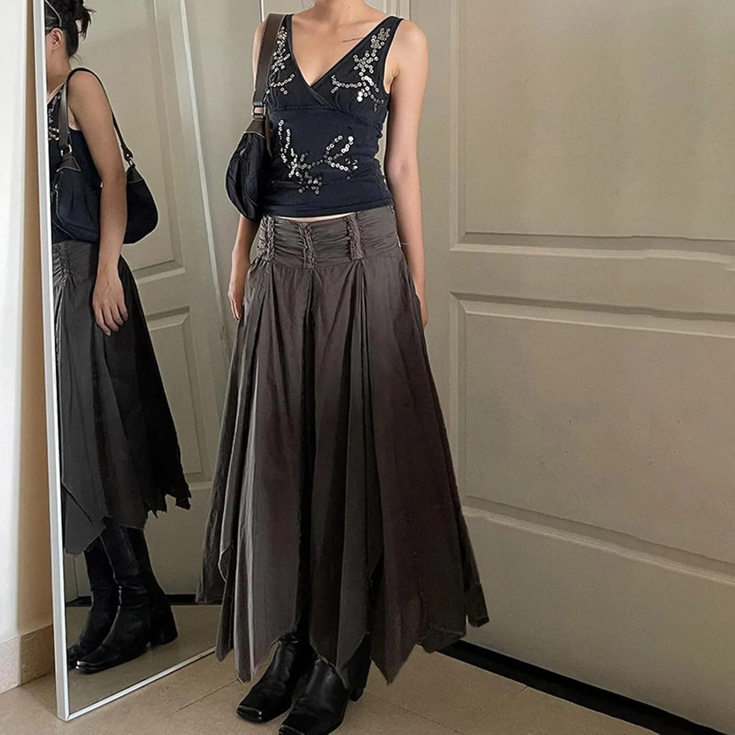 Women's Asymmetrical Hem Midi Skirt Elastic Waist Renaissance Fairy Long Skirt Pleated A Line Swing Skirt