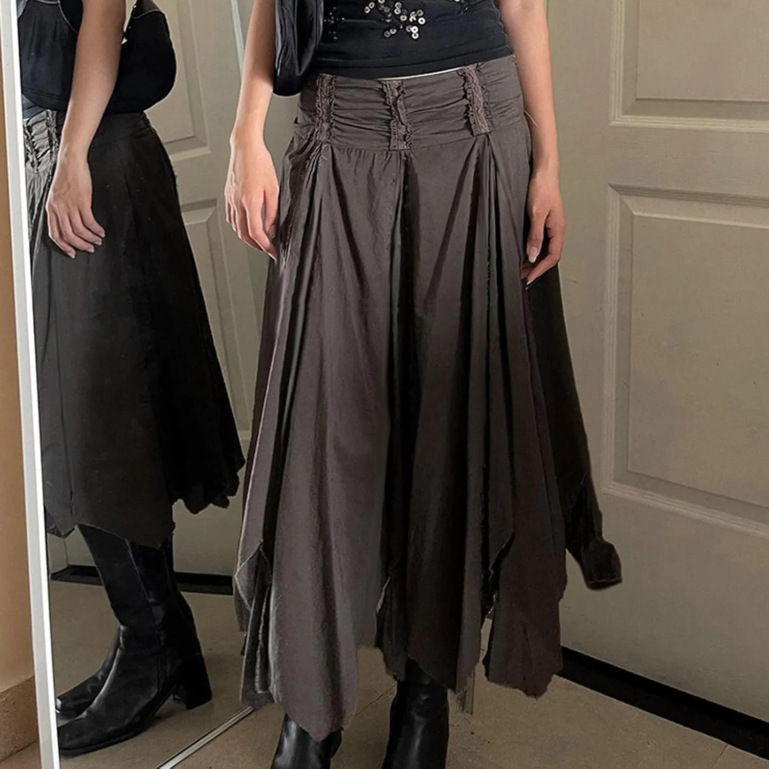 Women's Asymmetrical Hem Midi Skirt Elastic Waist Renaissance Fairy Long Skirt Pleated A Line Swing Skirt