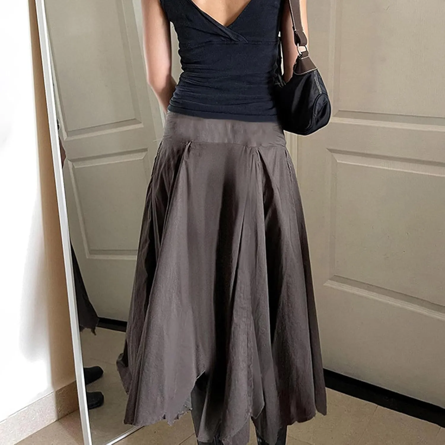Women's Asymmetrical Hem Midi Skirt Elastic Waist Renaissance Fairy Long Skirt Pleated A Line Swing Skirt