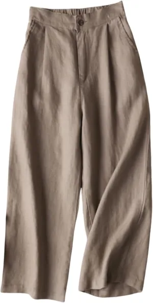 Women's Beach Capri Linen Pants Summer Casual Tapered Palazzo Pants Wide Leg Elastic Waiste Trousers with Pockets