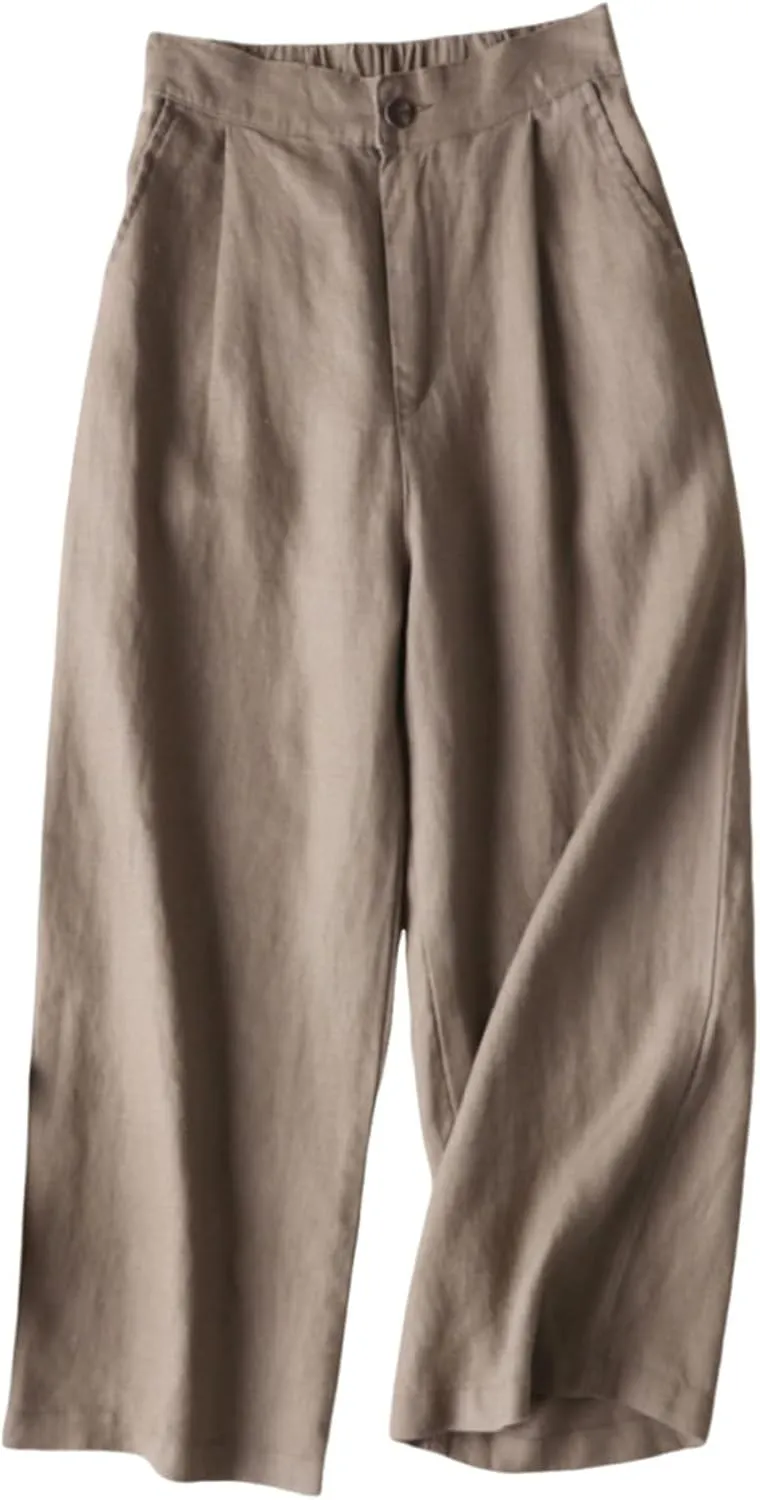 Women's Beach Capri Linen Pants Summer Casual Tapered Palazzo Pants Wide Leg Elastic Waiste Trousers with Pockets