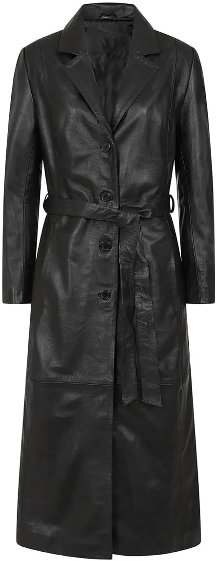 Women's Black Leather Long Trench Coat