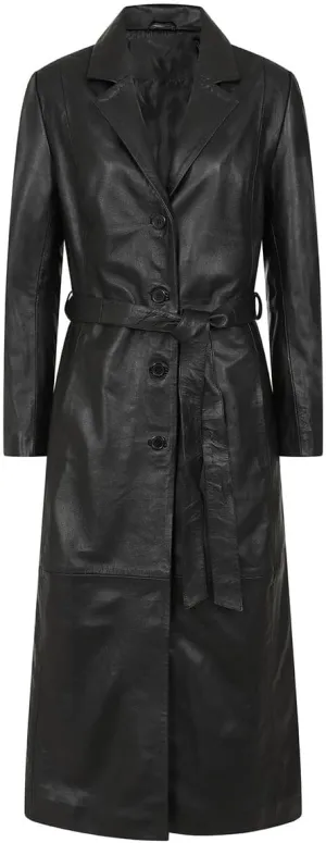 Women's Black Leather Long Trench Coat