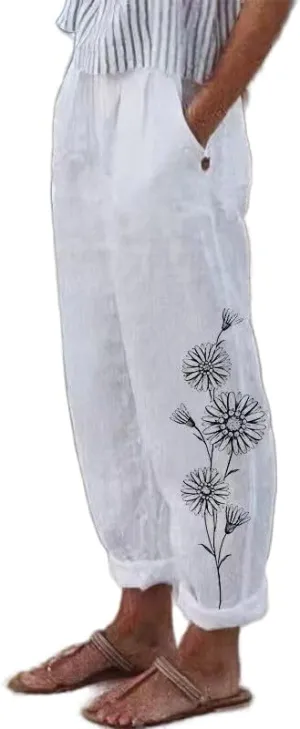 Women's Boho Floral Cotton Linen Casual Pants Summer High Waisted Baggy Beach Trousers with Pockets Plus Size