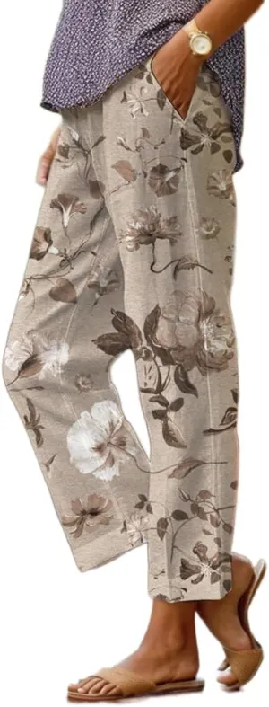 Women's Boho Floral Summer Casual Pants Plus Size Wide Leg Elastic Waist Beach Vacation Trousers with Pockets