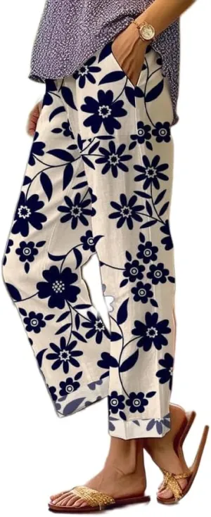 Women's Boho Floral Summer Casual Pants Plus Size Wide Leg Elastic Waist Beach Vacation Trousers with Pockets