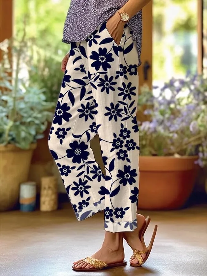 Women's Boho Floral Summer Casual Pants Plus Size Wide Leg Elastic Waist Beach Vacation Trousers with Pockets