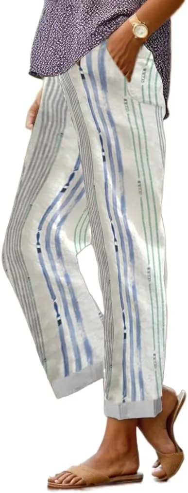 Women's Boho Floral Summer Casual Pants Plus Size Wide Leg Elastic Waist Beach Vacation Trousers with Pockets