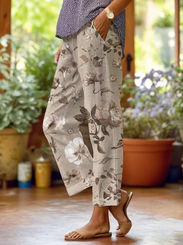 Women's Boho Floral Summer Casual Pants Plus Size Wide Leg Elastic Waist Beach Vacation Trousers with Pockets