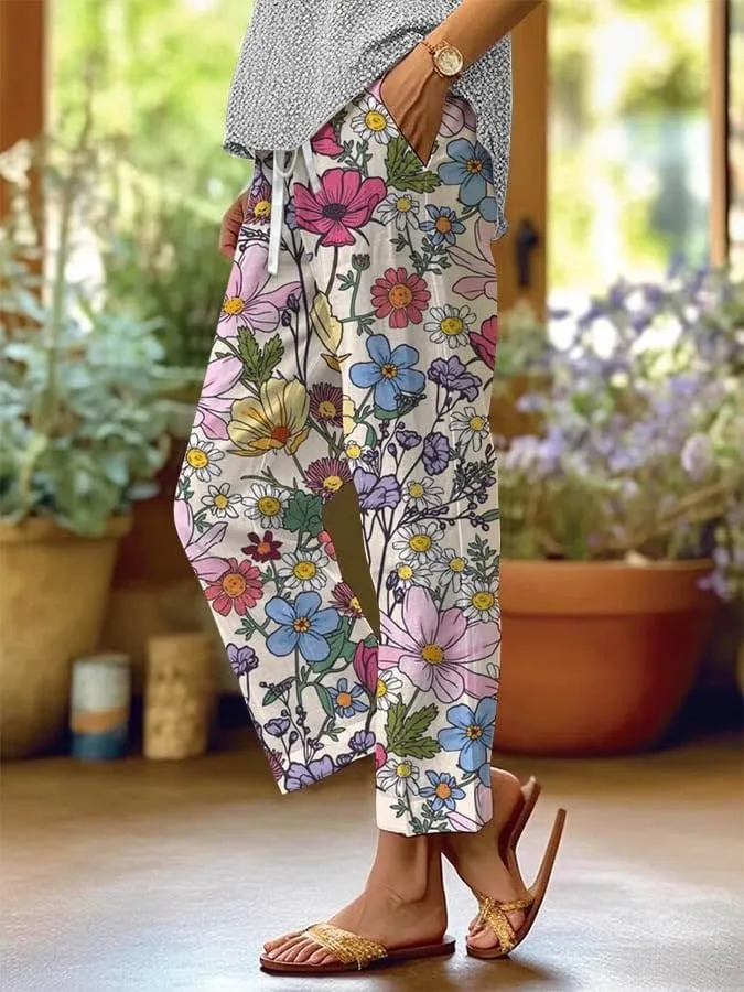 Women's Boho Floral Summer Casual Pants Plus Size Wide Leg Elastic Waist Beach Vacation Trousers with Pockets