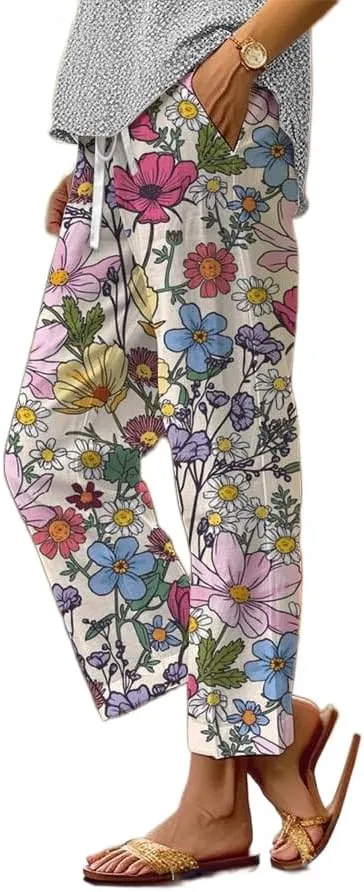 Women's Boho Floral Summer Casual Pants Plus Size Wide Leg Elastic Waist Beach Vacation Trousers with Pockets