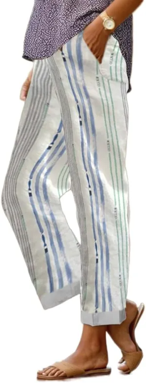 Women's Boho Floral Summer Casual Pants Plus Size Wide Leg Elastic Waist Beach Vacation Trousers with Pockets