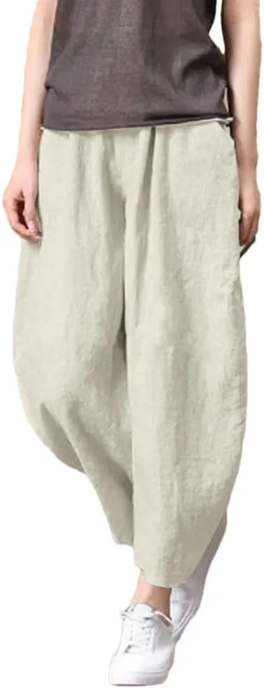Women's Breathable Linen Pants Elastic Waist Casual All-Match Slim Fit Harem Pants