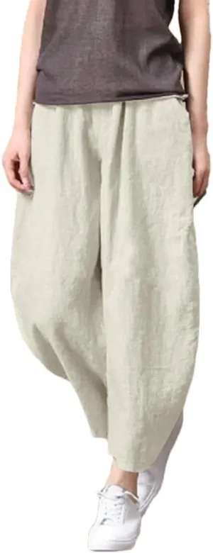 Women's Breathable Linen Pants Elastic Waist Casual All-Match Slim Fit Harem Pants