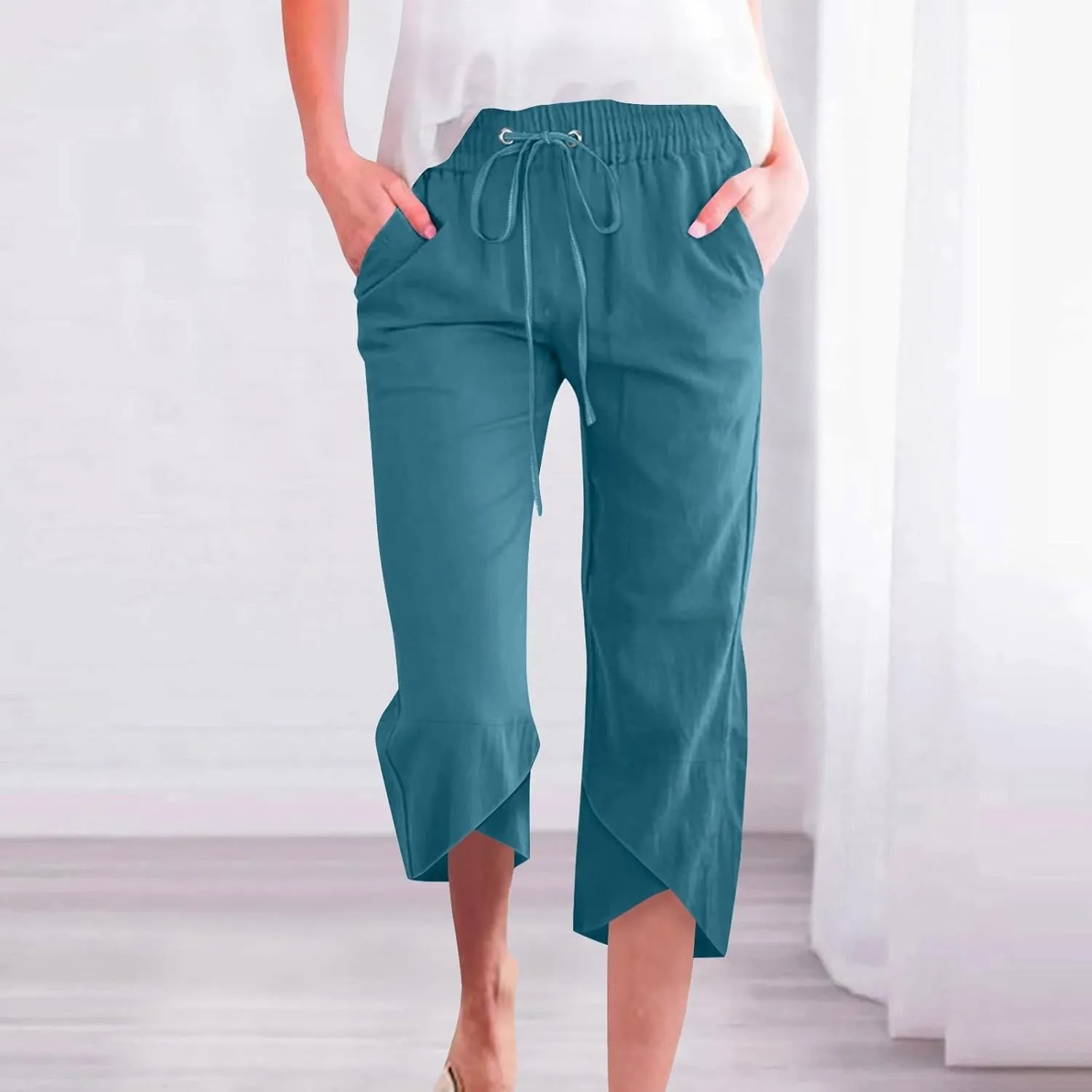 Womens Capri Pants Boho High Waist Palazzo Pant Dressy Loose Comfy Straight Leg Linen Capri Pants with Pockets