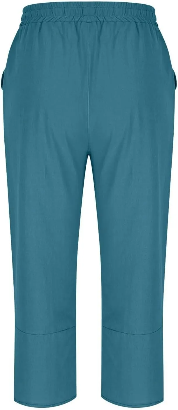 Womens Capri Pants Boho High Waist Palazzo Pant Dressy Loose Comfy Straight Leg Linen Capri Pants with Pockets