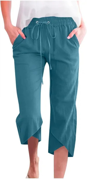 Womens Capri Pants Boho High Waist Palazzo Pant Dressy Loose Comfy Straight Leg Linen Capri Pants with Pockets
