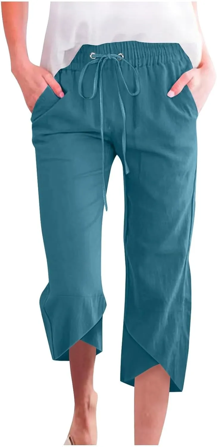 Womens Capri Pants Boho High Waist Palazzo Pant Dressy Loose Comfy Straight Leg Linen Capri Pants with Pockets
