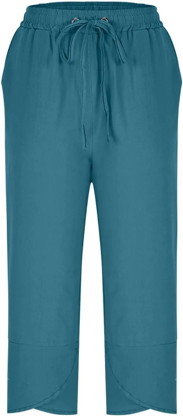 Womens Capri Pants Boho High Waist Palazzo Pant Dressy Loose Comfy Straight Leg Linen Capri Pants with Pockets