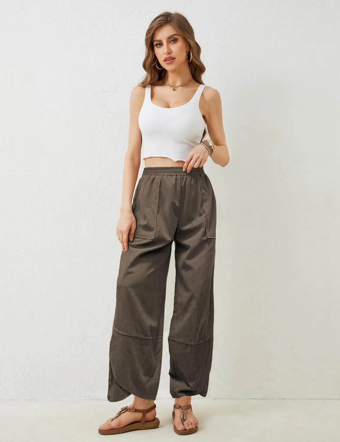 Women's Casual Baggy Wide Leg Pants - Elastic Waist Plue Szie Lightweight Lounge Barrel Beach Pant with Pockets
