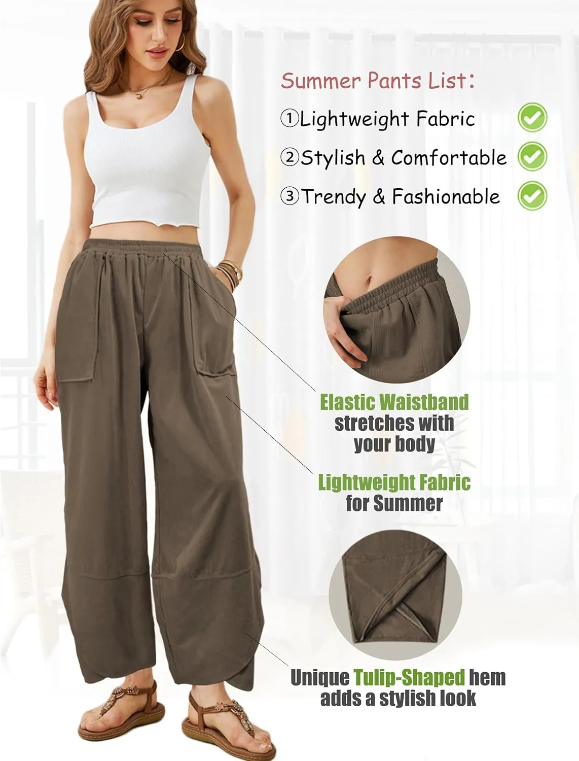 Women's Casual Baggy Wide Leg Pants - Elastic Waist Plue Szie Lightweight Lounge Barrel Beach Pant with Pockets