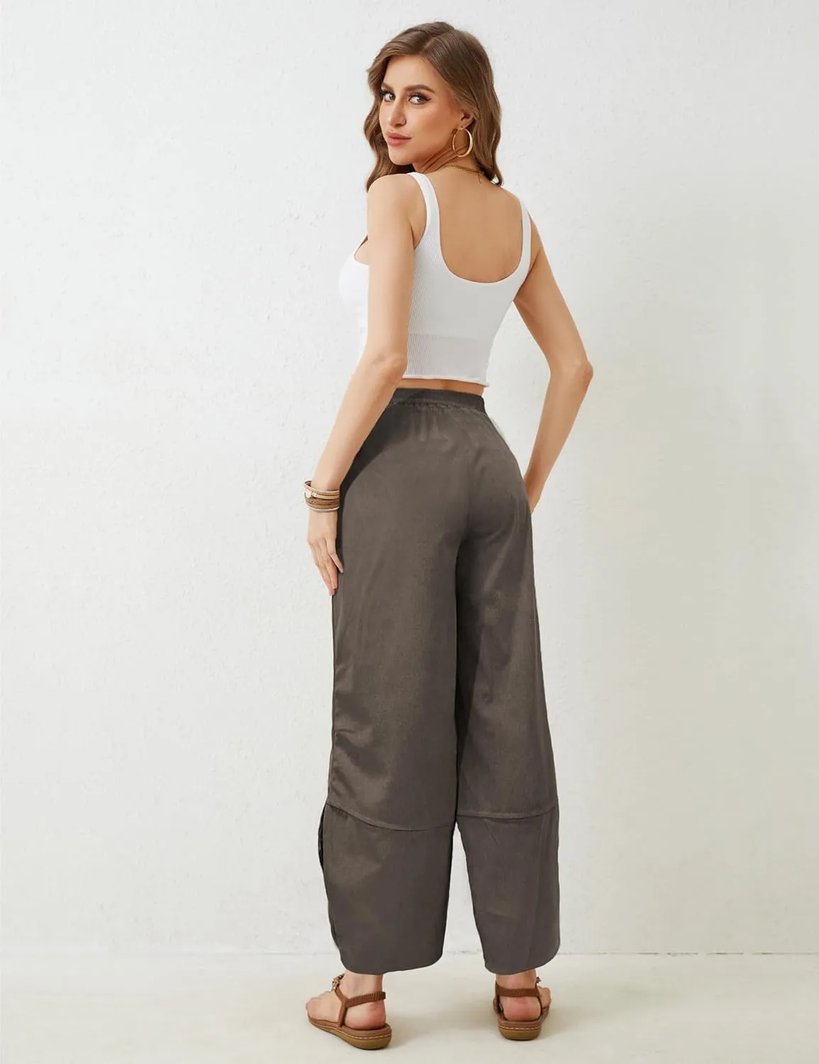 Women's Casual Baggy Wide Leg Pants - Elastic Waist Plue Szie Lightweight Lounge Barrel Beach Pant with Pockets