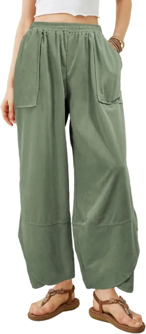 Women's Casual Baggy Wide Leg Pants - Elastic Waist Plue Szie Lightweight Lounge Barrel Beach Pant with Pockets