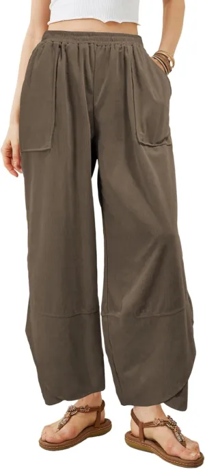 Women's Casual Baggy Wide Leg Pants - Elastic Waist Plue Szie Lightweight Lounge Barrel Beach Pant with Pockets
