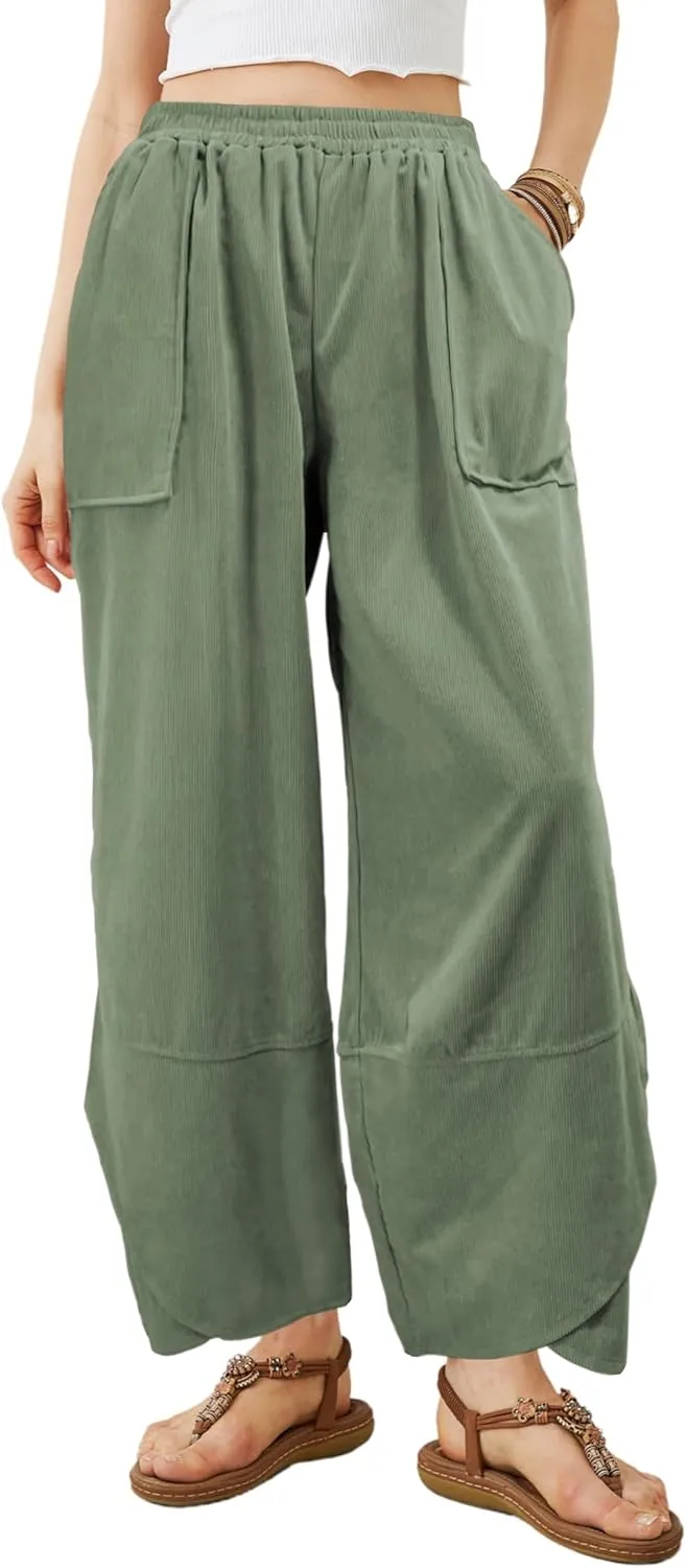 Women's Casual Baggy Wide Leg Pants - Elastic Waist Plue Szie Lightweight Lounge Barrel Beach Pant with Pockets