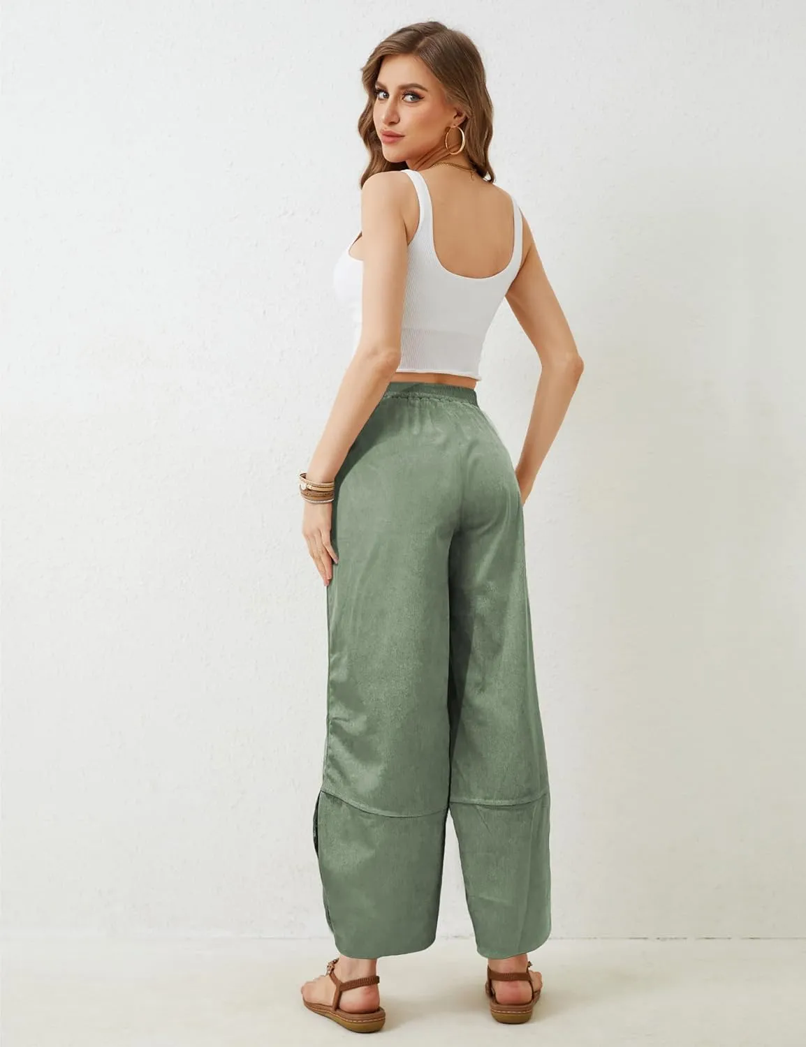 Women's Casual Baggy Wide Leg Pants - Elastic Waist Plue Szie Lightweight Lounge Barrel Beach Pant with Pockets