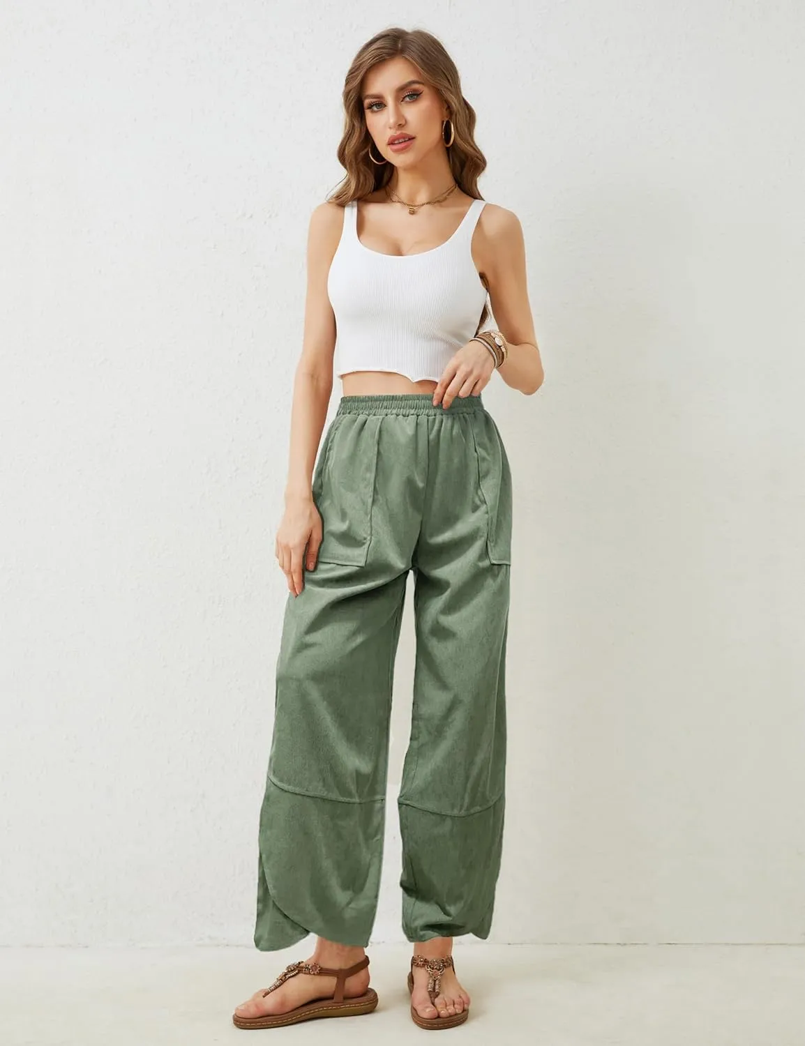 Women's Casual Baggy Wide Leg Pants - Elastic Waist Plue Szie Lightweight Lounge Barrel Beach Pant with Pockets