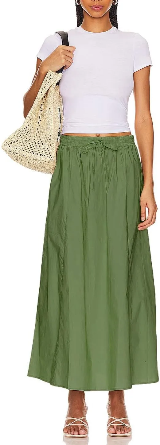 Women's Casual Skirt A Line Elastic High Waisted Long Skirts Side Slit with Pockets