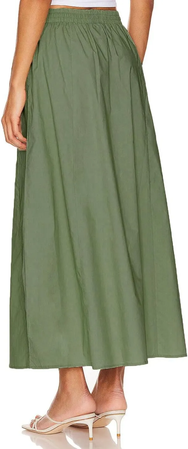 Women's Casual Skirt A Line Elastic High Waisted Long Skirts Side Slit with Pockets