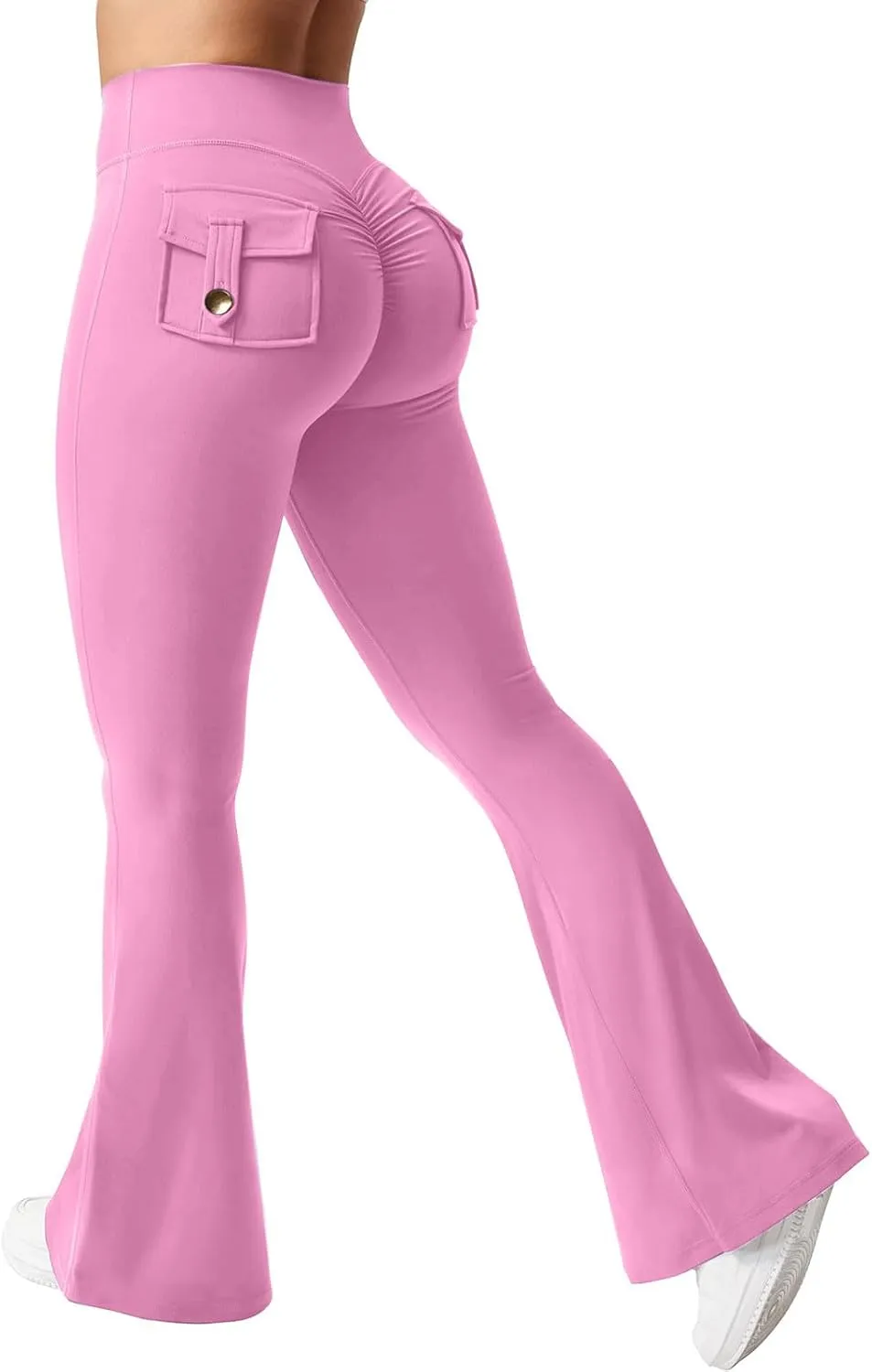 Womens Casual Yoga Pants Solid Elastic High Waist Lifting Leggings Outdoor Fitness Sports Tights with Flap Pockets