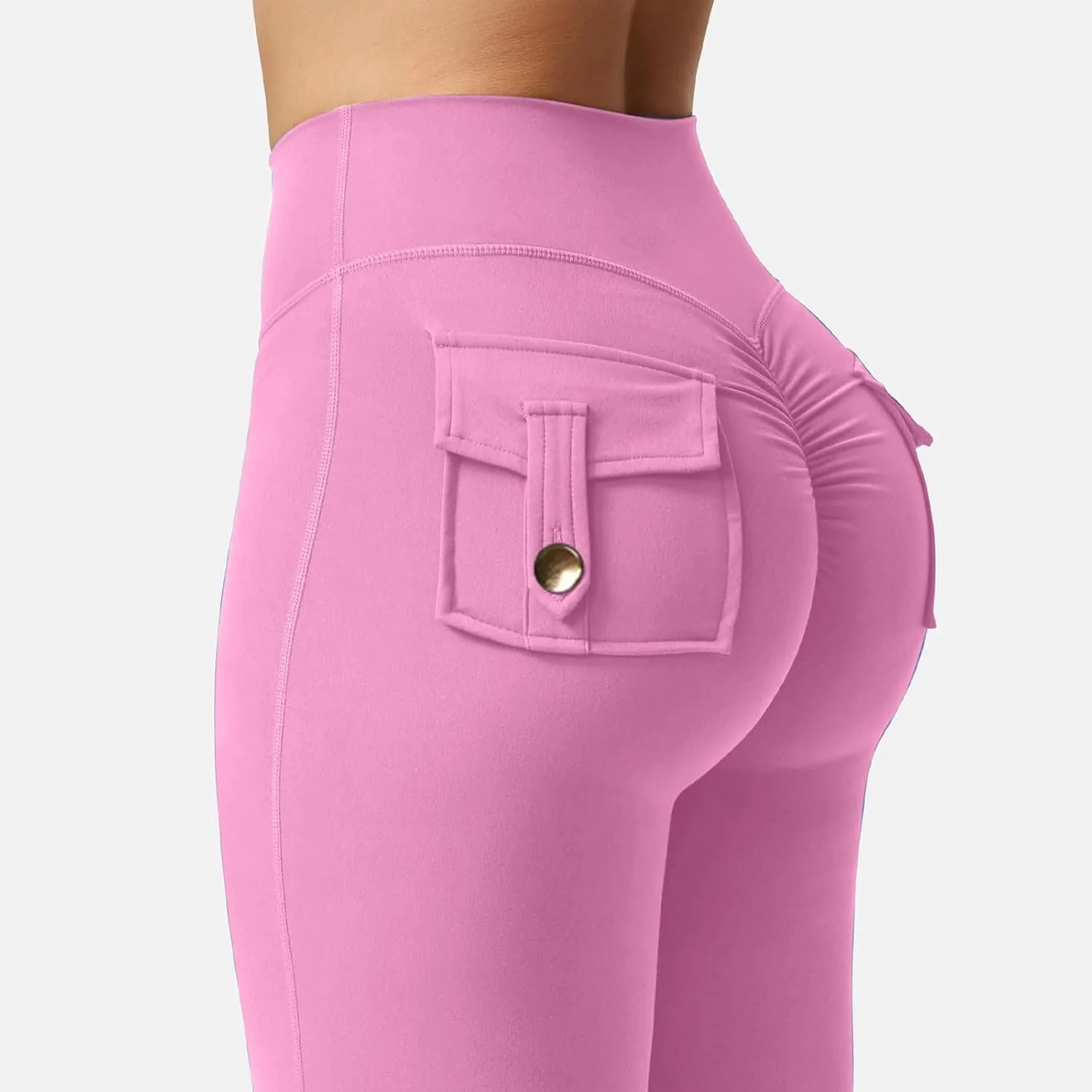 Womens Casual Yoga Pants Solid Elastic High Waist Lifting Leggings Outdoor Fitness Sports Tights with Flap Pockets