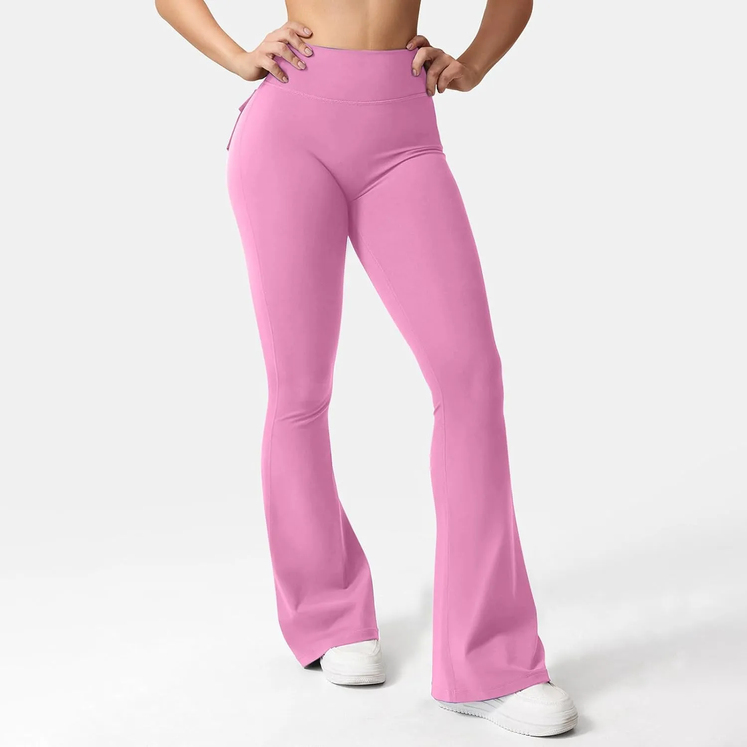 Womens Casual Yoga Pants Solid Elastic High Waist Lifting Leggings Outdoor Fitness Sports Tights with Flap Pockets