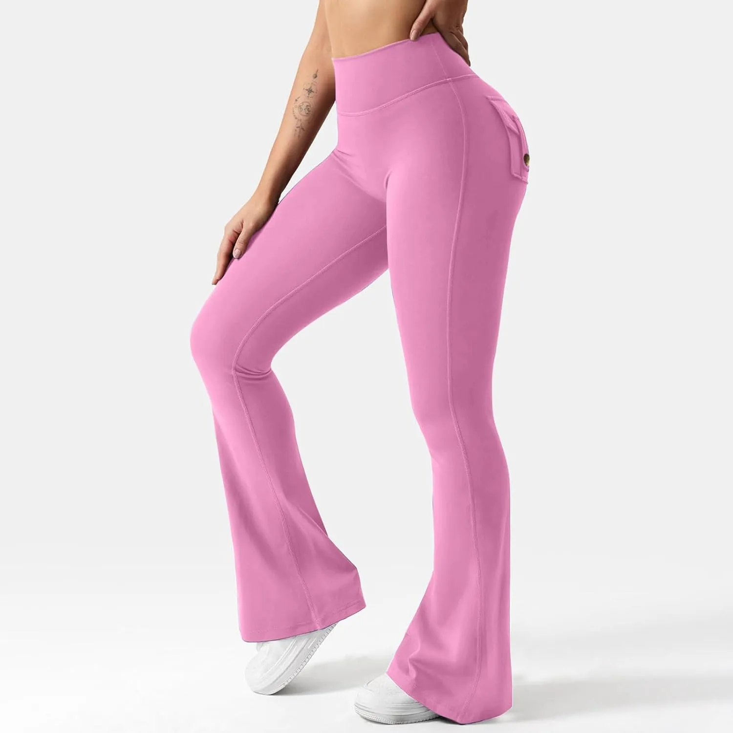 Womens Casual Yoga Pants Solid Elastic High Waist Lifting Leggings Outdoor Fitness Sports Tights with Flap Pockets